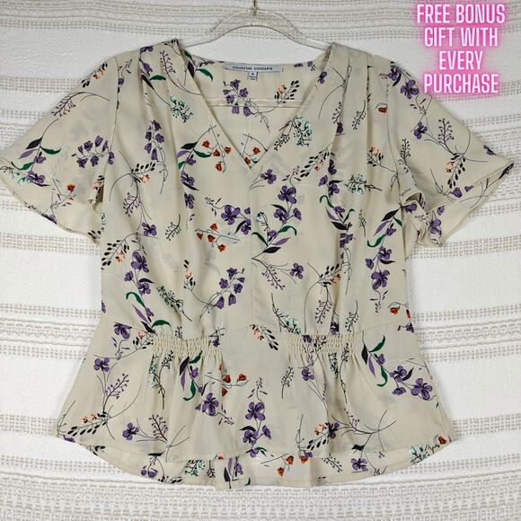 Collective Concepts Cream Purple Floral Blouse Peplum Hem Top XL - Picture 1 of 7